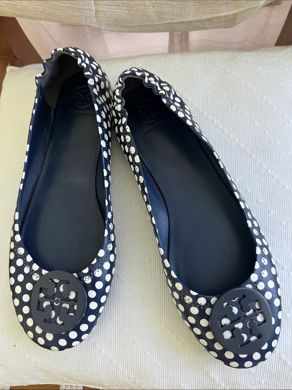 Tory Burch Navy and White Polka Dot Ballet Flats with Logo Medallion
